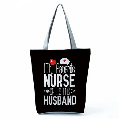 Cartoon Ladies Nurse Print Handbags Foldable High Capacity Women Shoulder Bags Eco Reusable Shopping Bags Travel Beach Tote Bags - Healthcare Vibes