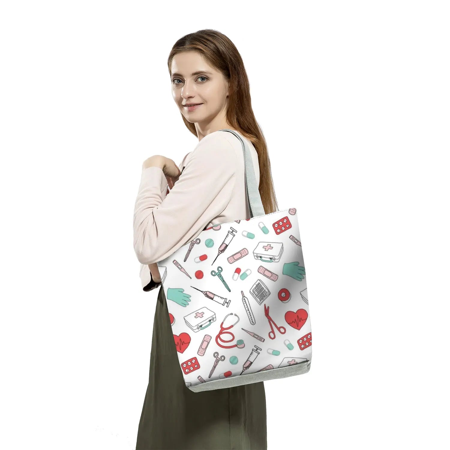 Cartoon Ladies Nurse Print Handbags Foldable High Capacity Women Shoulder Bags Eco Reusable Shopping Bags Travel Beach Tote Bags - Healthcare Vibes