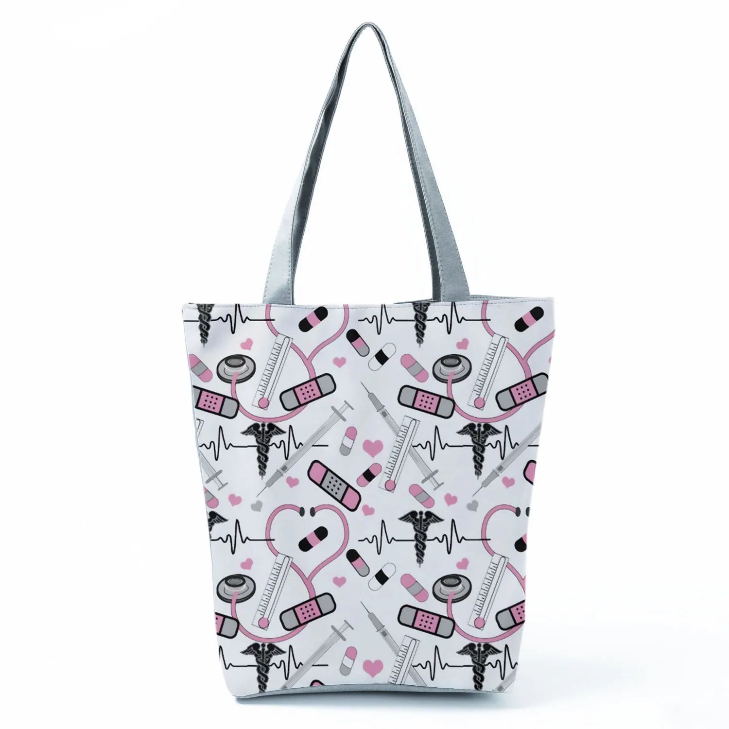 Cartoon Ladies Nurse Print Handbags Foldable High Capacity Women Shoulder Bags Eco Reusable Shopping Bags Travel Beach Tote Bags - Healthcare Vibes