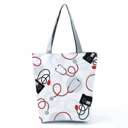 Cartoon Ladies Nurse Print Handbags Foldable High Capacity Women Shoulder Bags Eco Reusable Shopping Bags Travel Beach Tote Bags - Healthcare Vibes