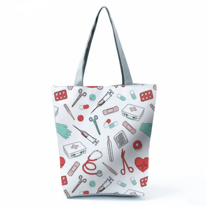 Cartoon Ladies Nurse Print Handbags Foldable High Capacity Women Shoulder Bags Eco Reusable Shopping Bags Travel Beach Tote Bags - Healthcare Vibes