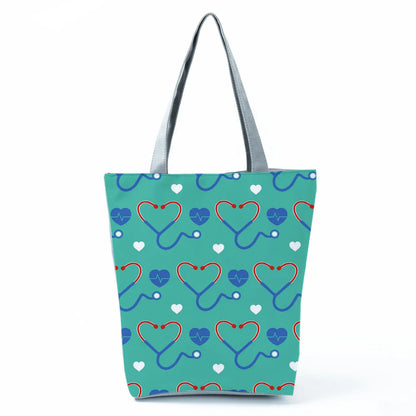 Cartoon Ladies Nurse Print Handbags Foldable High Capacity Women Shoulder Bags Eco Reusable Shopping Bags Travel Beach Tote Bags - Healthcare Vibes