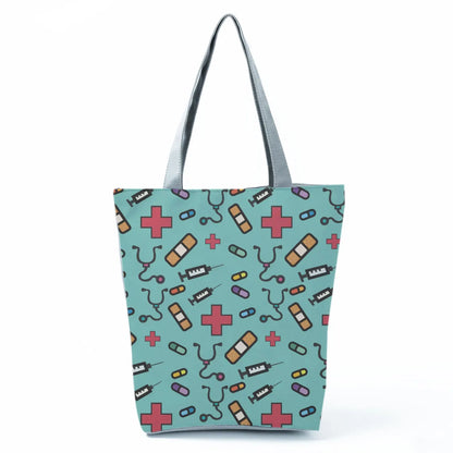 Cartoon Ladies Nurse Print Handbags Foldable High Capacity Women Shoulder Bags Eco Reusable Shopping Bags Travel Beach Tote Bags - Healthcare Vibes