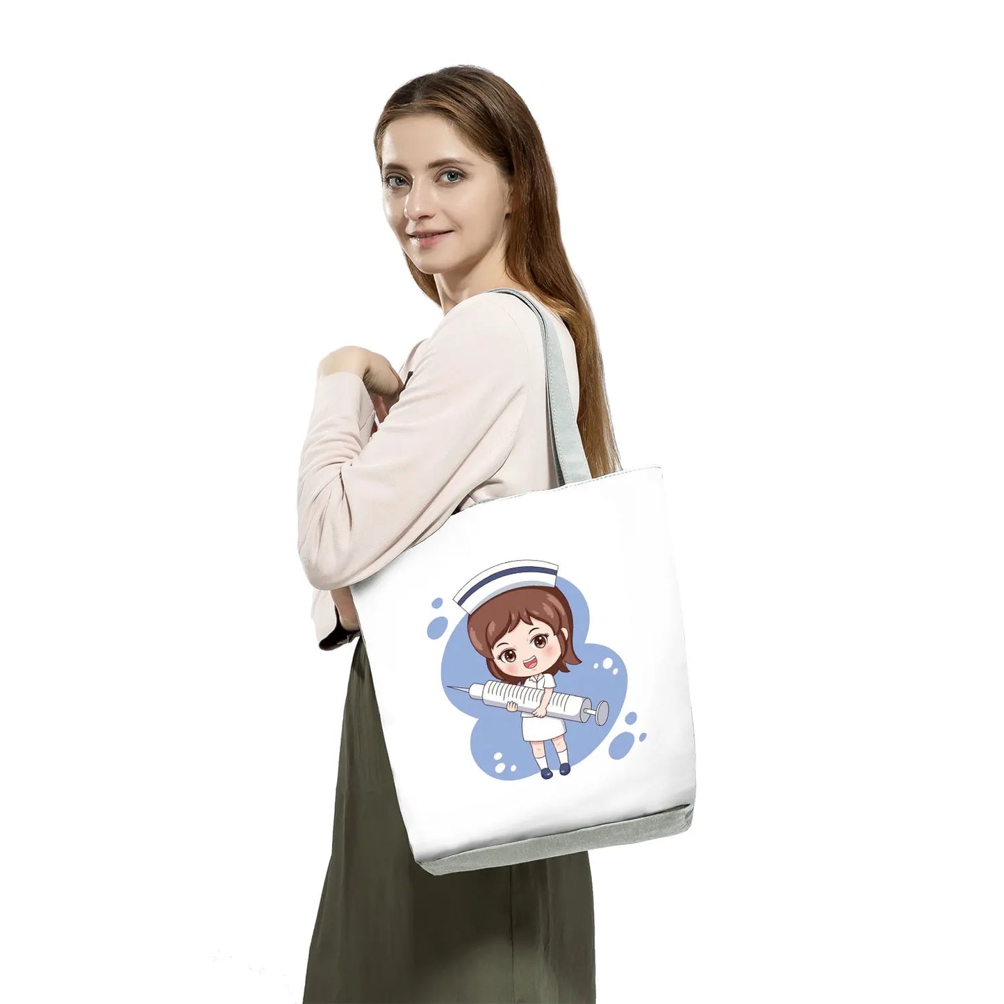 Cartoon Ladies Nurse Print Handbags Foldable High Capacity Women Shoulder Bags Eco Reusable Shopping Bags Travel Beach Tote Bags - Healthcare Vibes