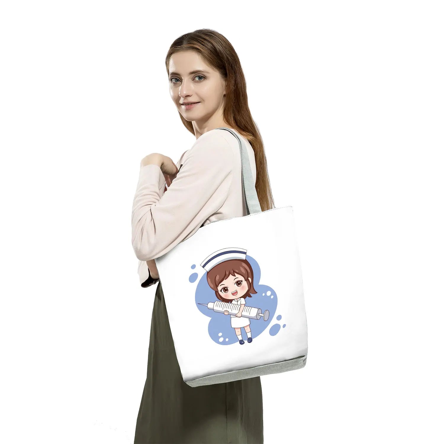 Cartoon Ladies Nurse Print Handbags Foldable High Capacity Women Shoulder Bags Eco Reusable Shopping Bags Travel Beach Tote Bags - Healthcare Vibes