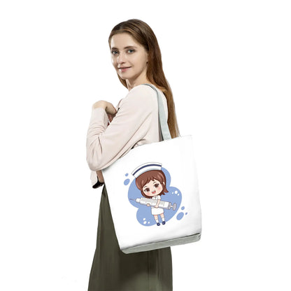 Cartoon Ladies Nurse Print Handbags Foldable High Capacity Women Shoulder Bags Eco Reusable Shopping Bags Travel Beach Tote Bags - Healthcare Vibes