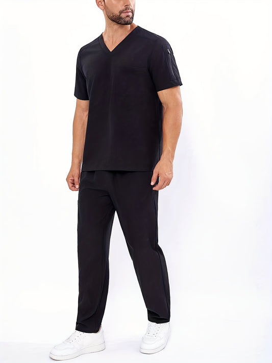 Men's V-Neck Scrubs Set With Multiple Pockets, Solid Color Comfortable Utility Workwear Top And Pants Set - Healthcare Vibes