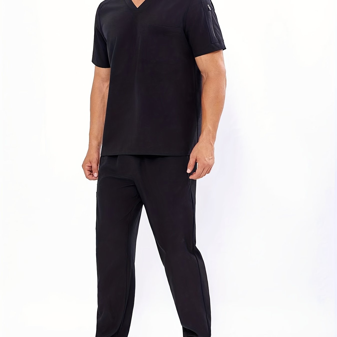Men's V-Neck Scrubs Set With Multiple Pockets, Solid Color Comfortable Utility Workwear Top And Pants Set - Healthcare Vibes