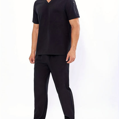 Men's V-Neck Scrubs Set With Multiple Pockets, Solid Color Comfortable Utility Workwear Top And Pants Set - Healthcare Vibes