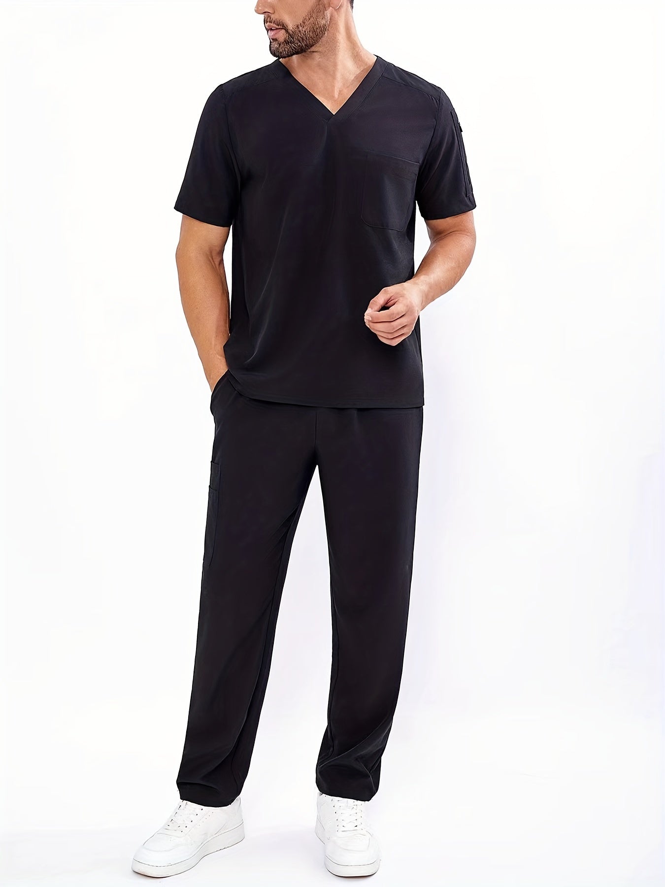 Men's V-Neck Scrubs Set With Multiple Pockets, Solid Color Comfortable Utility Workwear Top And Pants Set - Healthcare Vibes