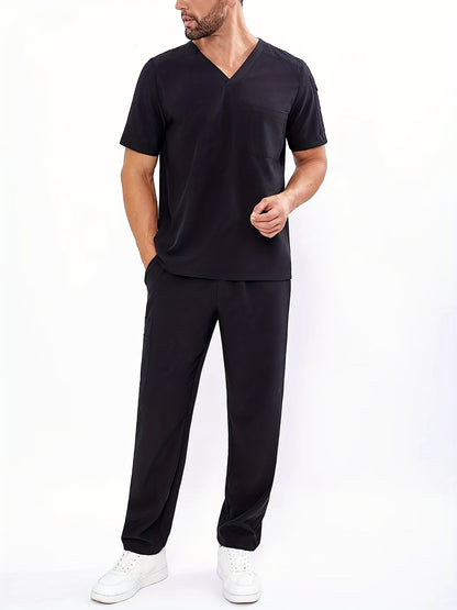 Men's V-Neck Scrubs Set With Multiple Pockets, Solid Color Comfortable Utility Workwear Top And Pants Set - Healthcare Vibes